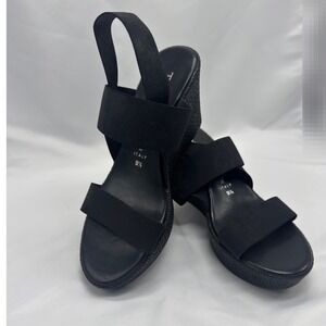 Womens Black Elastic Platform Strappy Wedge Sandals Size 9.5 Made in Italy